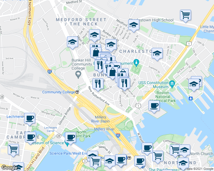 map of restaurants, bars, coffee shops, grocery stores, and more near 20 Lawrence Street in Boston