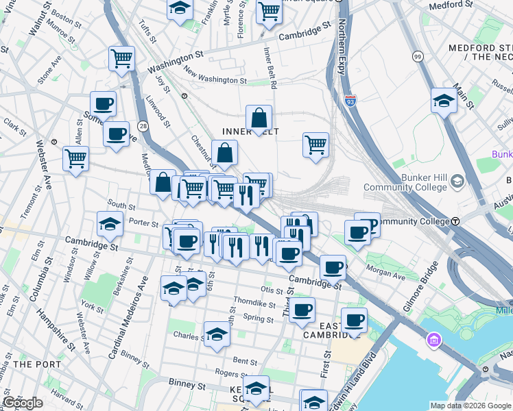 map of restaurants, bars, coffee shops, grocery stores, and more near 21 McGrath Hwy in Somerville