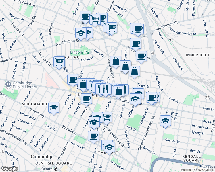 map of restaurants, bars, coffee shops, grocery stores, and more near 1 Tremont Place in Somerville