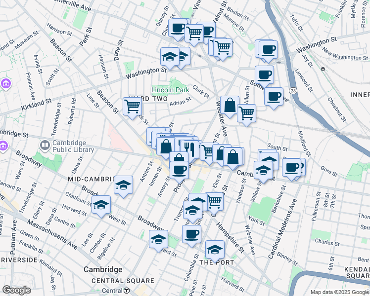 map of restaurants, bars, coffee shops, grocery stores, and more near 25 Houghton Street in Somerville