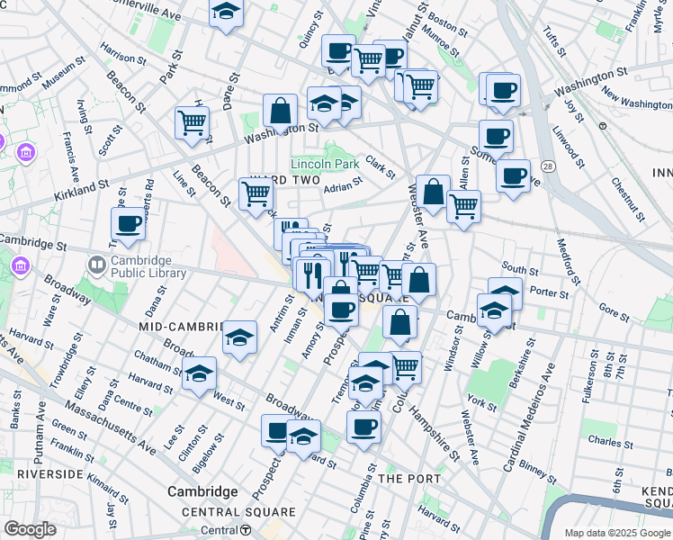 map of restaurants, bars, coffee shops, grocery stores, and more near 37 Springfield Street in Somerville