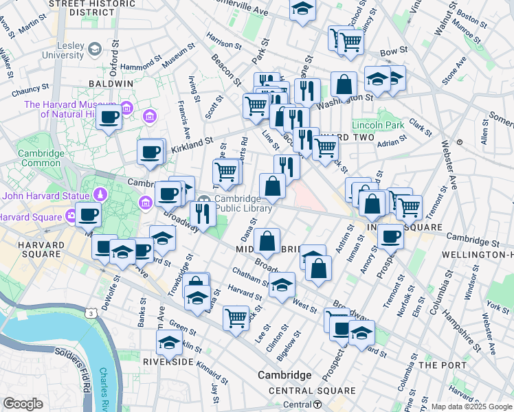 map of restaurants, bars, coffee shops, grocery stores, and more near 1575 Cambridge Street in Cambridge