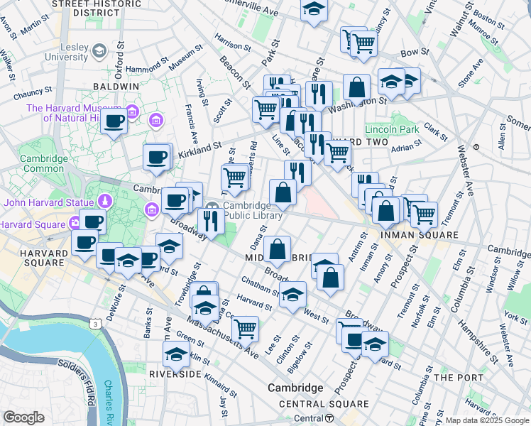 map of restaurants, bars, coffee shops, grocery stores, and more near 1575 Cambridge Street in Cambridge