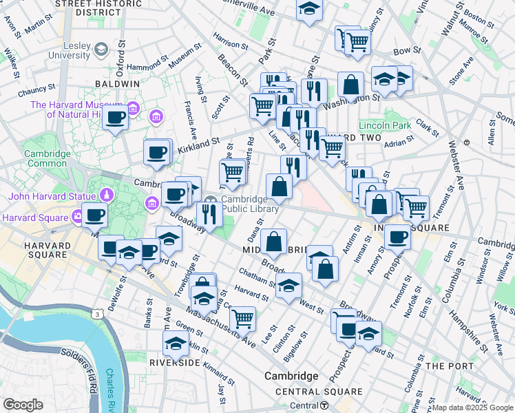 map of restaurants, bars, coffee shops, grocery stores, and more near 1575 Cambridge Street in Cambridge