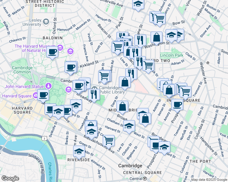 map of restaurants, bars, coffee shops, grocery stores, and more near 1575 Cambridge Street in Cambridge