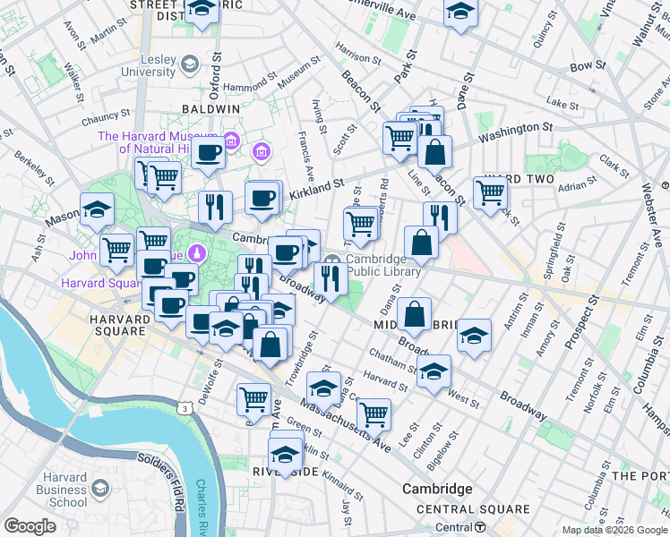 map of restaurants, bars, coffee shops, grocery stores, and more near 1655 Cambridge Street in Cambridge