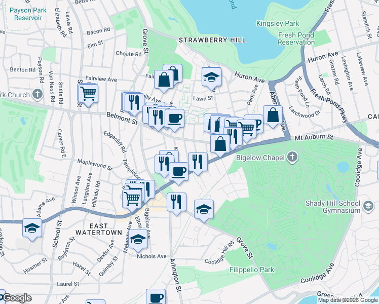 map of restaurants, bars, coffee shops, grocery stores, and more near 82 Belmont Street in Watertown