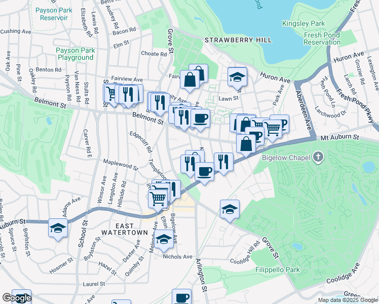 map of restaurants, bars, coffee shops, grocery stores, and more near 15 Keith Street in Watertown