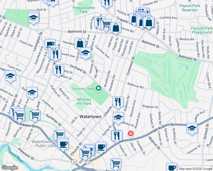 map of restaurants, bars, coffee shops, grocery stores, and more near 19 Channing Road in Watertown