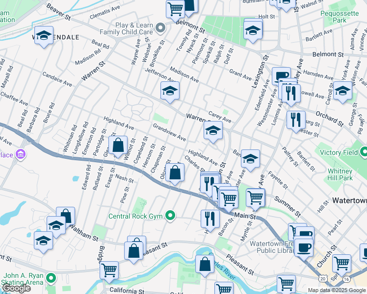 map of restaurants, bars, coffee shops, grocery stores, and more near 9 Grandview Avenue in Watertown