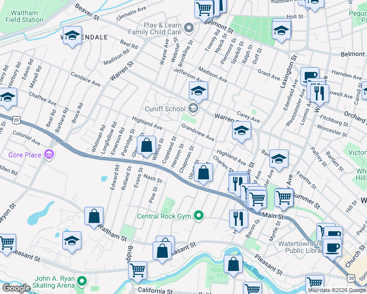 map of restaurants, bars, coffee shops, grocery stores, and more near 67 Copeland Street in Watertown