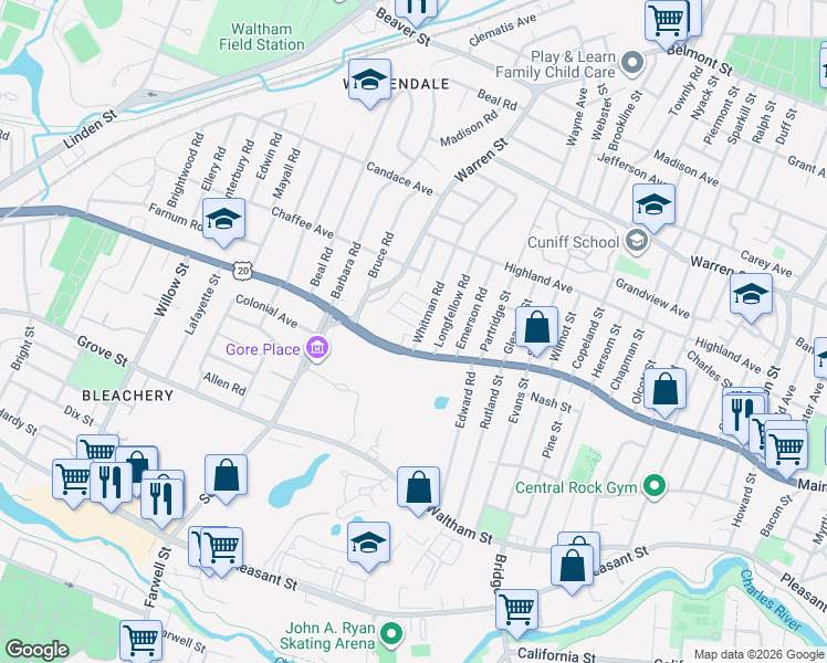 map of restaurants, bars, coffee shops, grocery stores, and more near 36 Whitman Road in Waltham