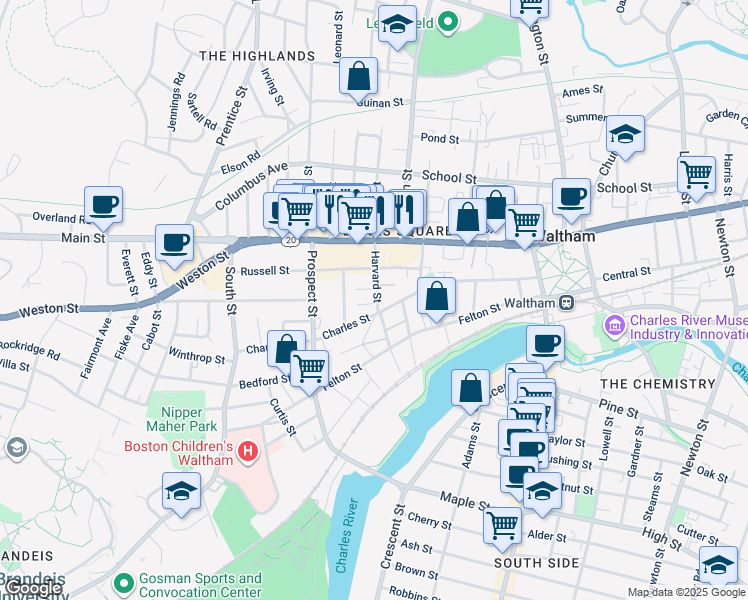 map of restaurants, bars, coffee shops, grocery stores, and more near 35 Harvard Street in Waltham