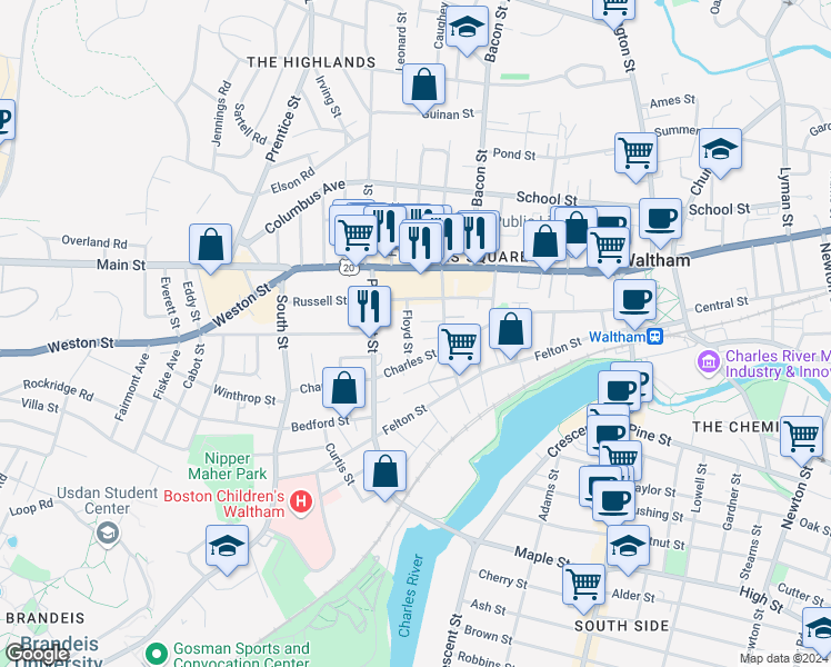 map of restaurants, bars, coffee shops, grocery stores, and more near 9 Floyd Street in Waltham