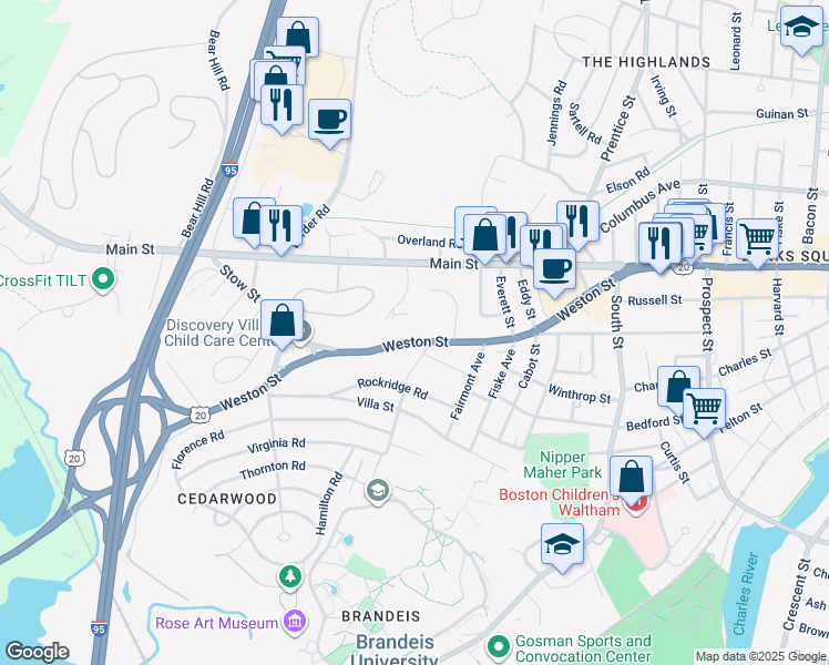 map of restaurants, bars, coffee shops, grocery stores, and more near in Waltham