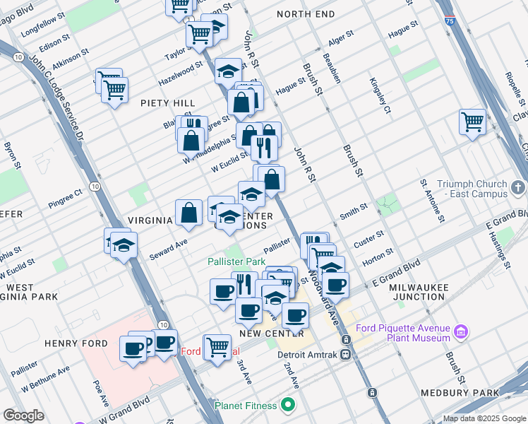 map of restaurants, bars, coffee shops, grocery stores, and more near 54 Seward Avenue in Detroit