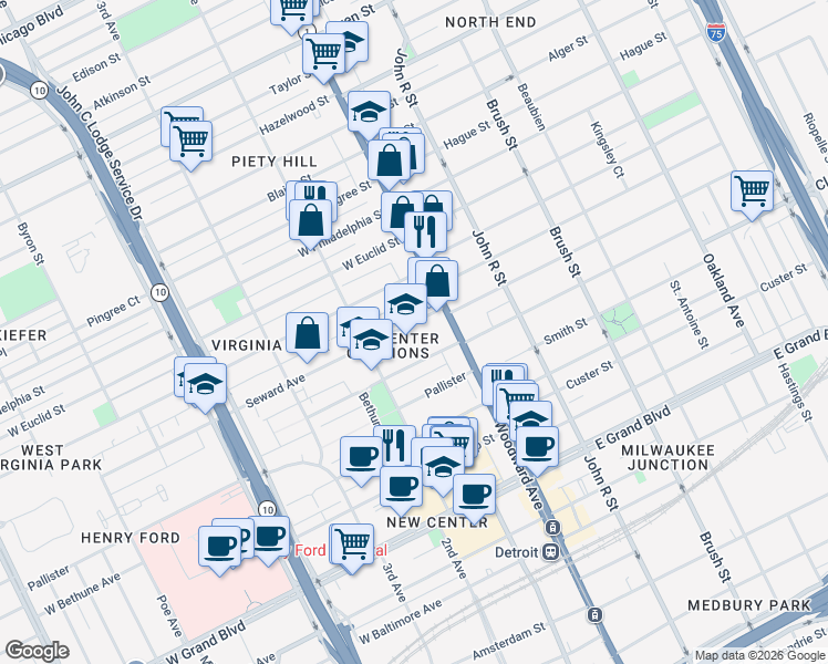 map of restaurants, bars, coffee shops, grocery stores, and more near 54 Seward Avenue in Detroit