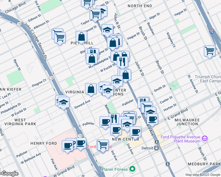 map of restaurants, bars, coffee shops, grocery stores, and more near 129 Virginia Park Street in Detroit