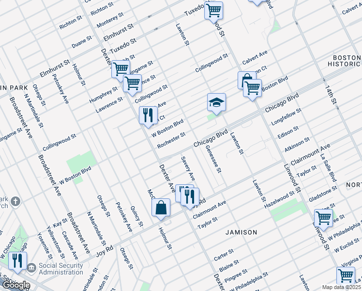 map of restaurants, bars, coffee shops, grocery stores, and more near 3256 Rochester Street in Detroit