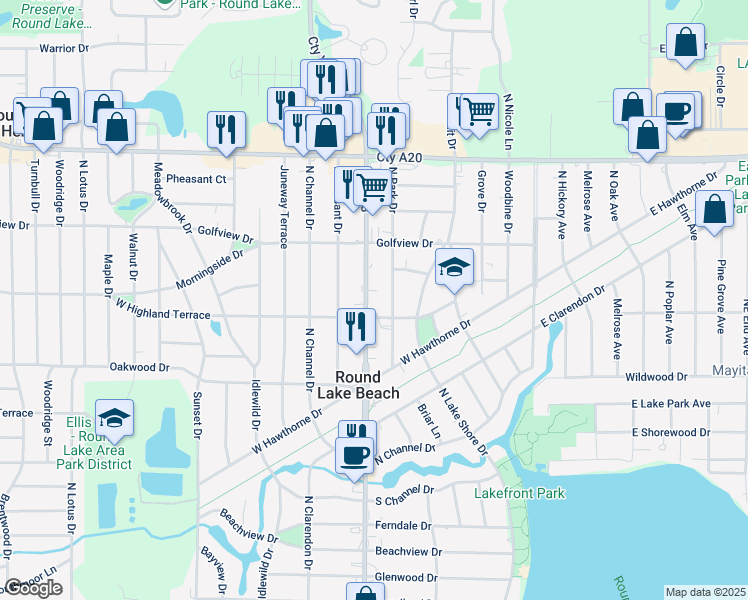 map of restaurants, bars, coffee shops, grocery stores, and more near 1428 North Park Drive in Round Lake Beach