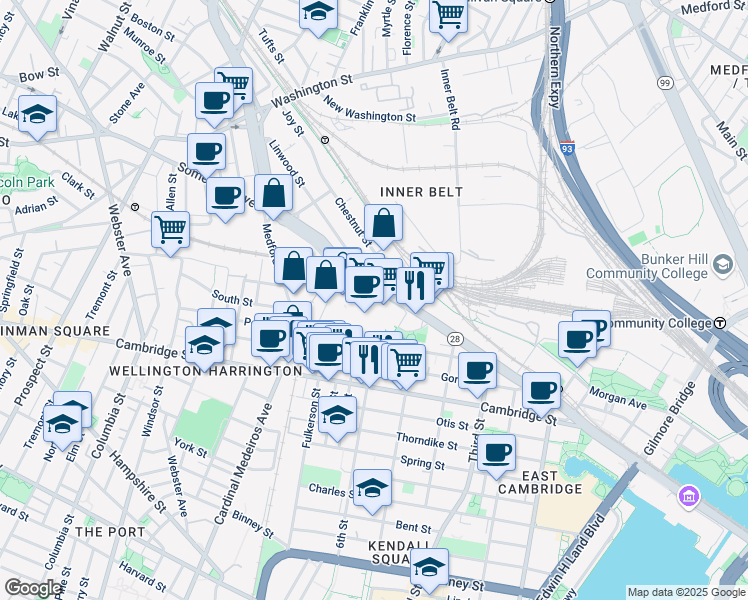 map of restaurants, bars, coffee shops, grocery stores, and more near 22 McGrath Highway in Somerville