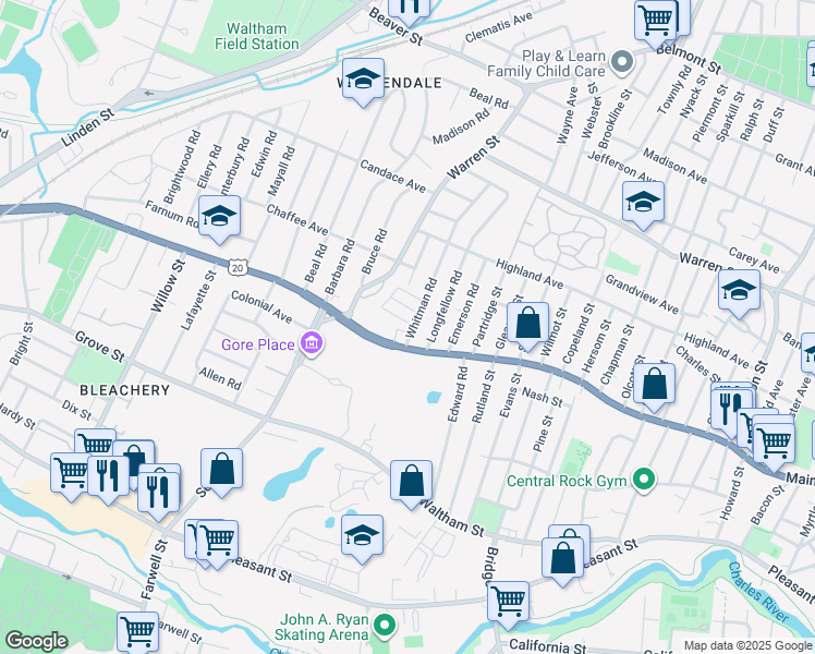 map of restaurants, bars, coffee shops, grocery stores, and more near 36 Whitman Road in Waltham