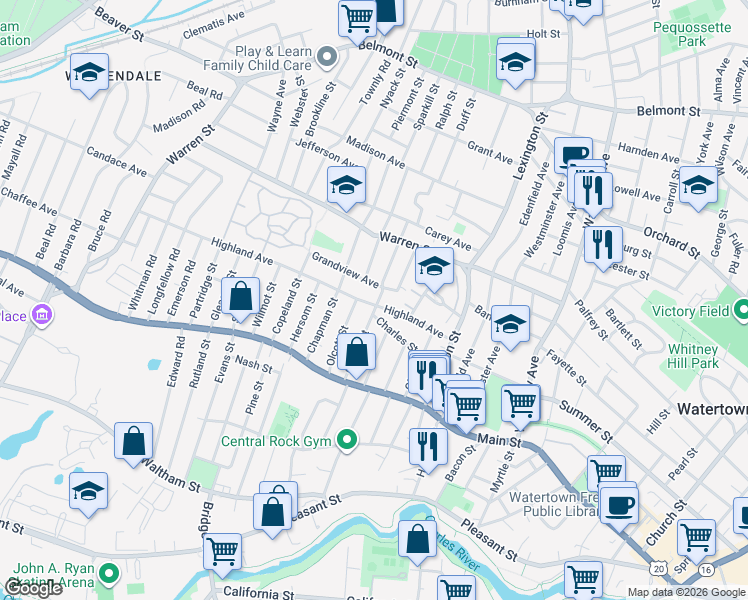 map of restaurants, bars, coffee shops, grocery stores, and more near 9 Grandview Avenue in Watertown