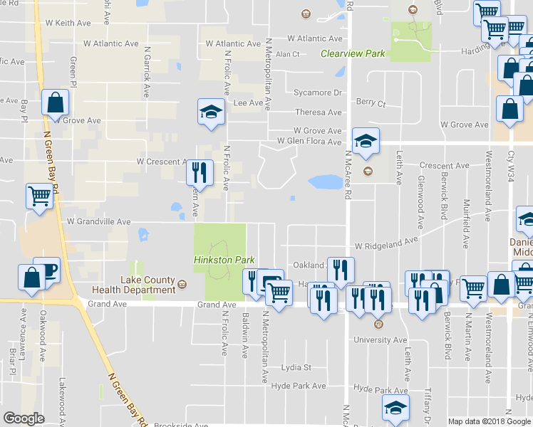map of restaurants, bars, coffee shops, grocery stores, and more near 2800 West Grandville Avenue in Waukegan