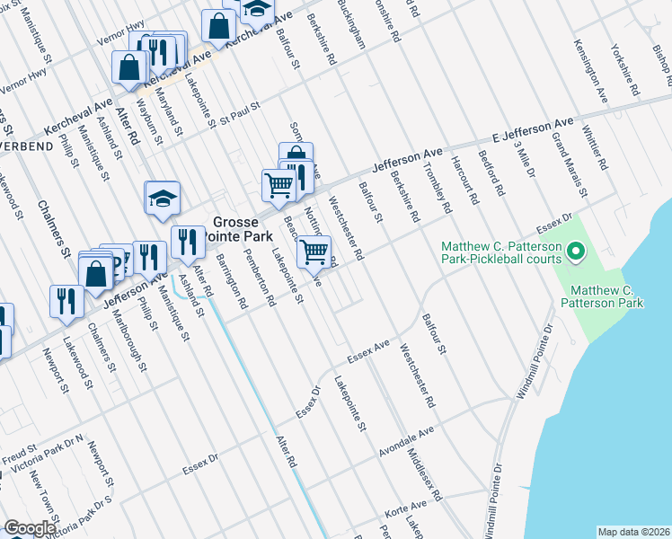 map of restaurants, bars, coffee shops, grocery stores, and more near Nottingham Rd & Fairfax Ave in Grosse Pointe Park