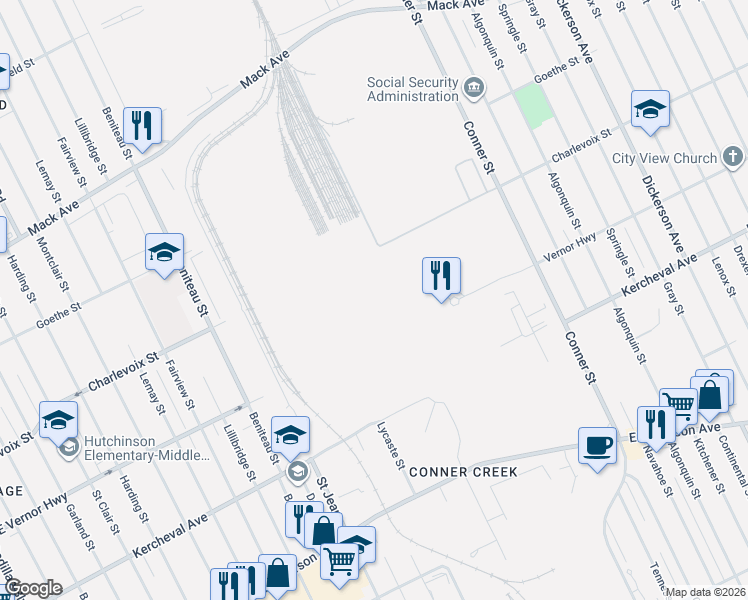 map of restaurants, bars, coffee shops, grocery stores, and more near 12141 Charlevoix Street in Detroit