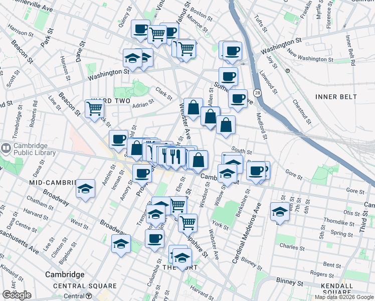 map of restaurants, bars, coffee shops, grocery stores, and more near in Cambridge