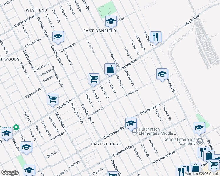 map of restaurants, bars, coffee shops, grocery stores, and more near 3524 Saint Clair Street in Detroit