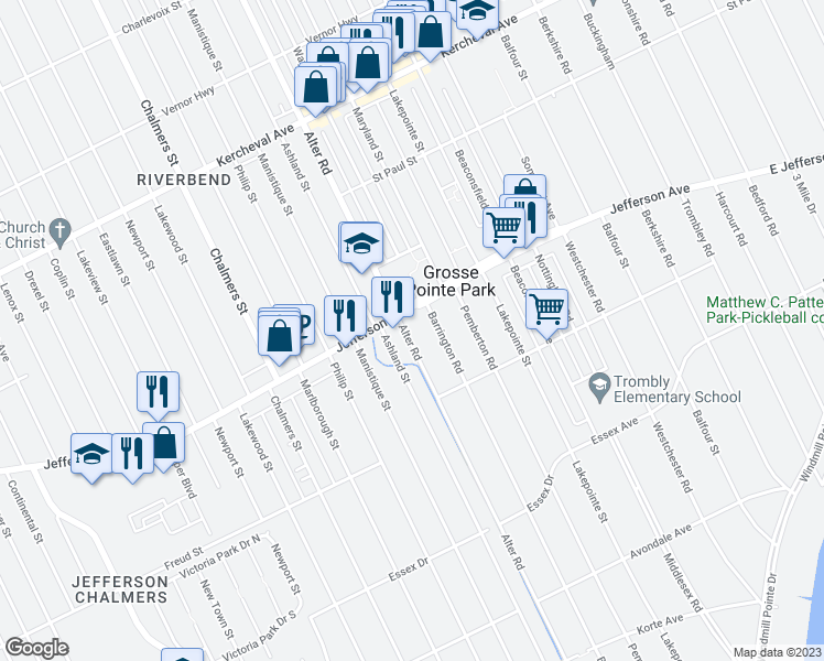 map of restaurants, bars, coffee shops, grocery stores, and more near 950 Alter Road in Detroit