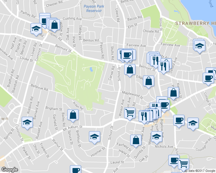 map of restaurants, bars, coffee shops, grocery stores, and more near 18 Clyde Road in Watertown
