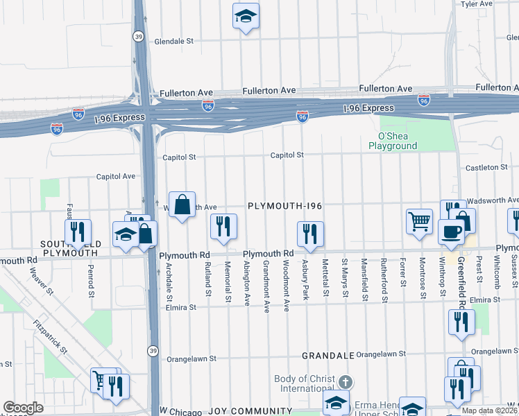 map of restaurants, bars, coffee shops, grocery stores, and more near 12024 Grandmont Road in Detroit