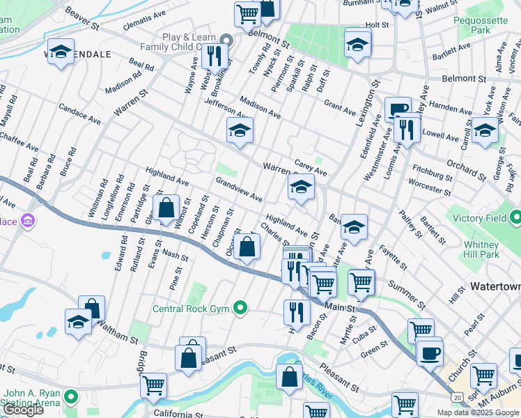 map of restaurants, bars, coffee shops, grocery stores, and more near 70 Gilbert Street in Watertown