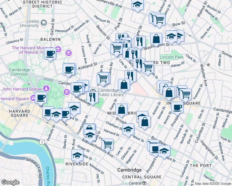 map of restaurants, bars, coffee shops, grocery stores, and more near 1575 Cambridge Street in Cambridge