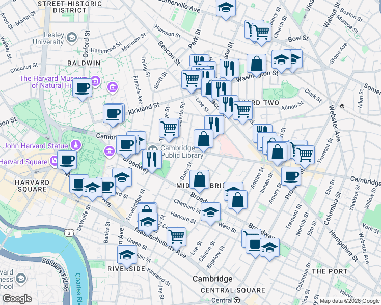 map of restaurants, bars, coffee shops, grocery stores, and more near 1575 Cambridge Street in Cambridge