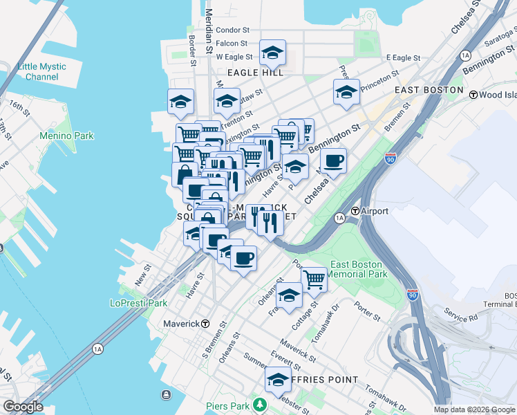 map of restaurants, bars, coffee shops, grocery stores, and more near 229 Havre Street in Boston