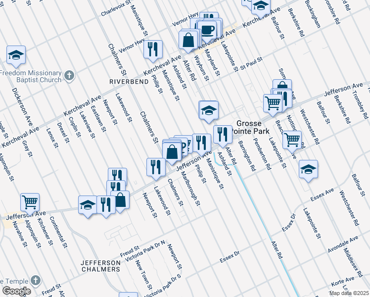 map of restaurants, bars, coffee shops, grocery stores, and more near 1074 Philip Street in Detroit