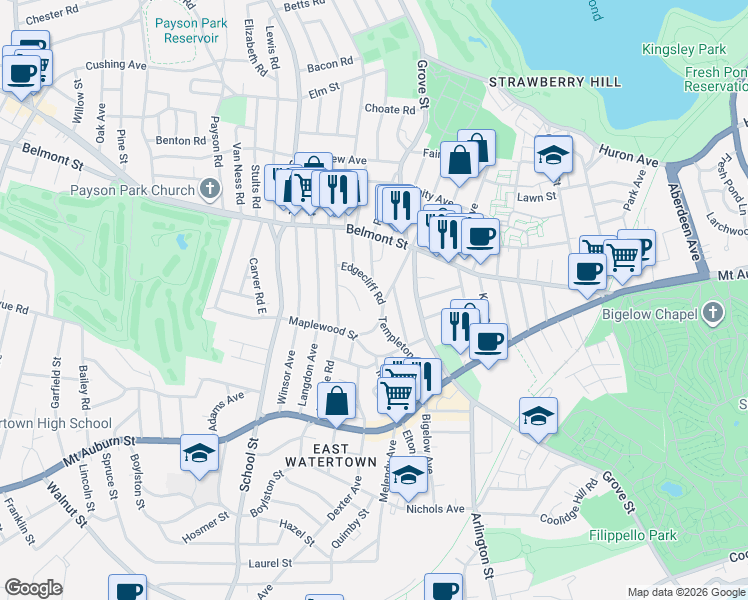map of restaurants, bars, coffee shops, grocery stores, and more near 44 Woodleigh Road in Watertown