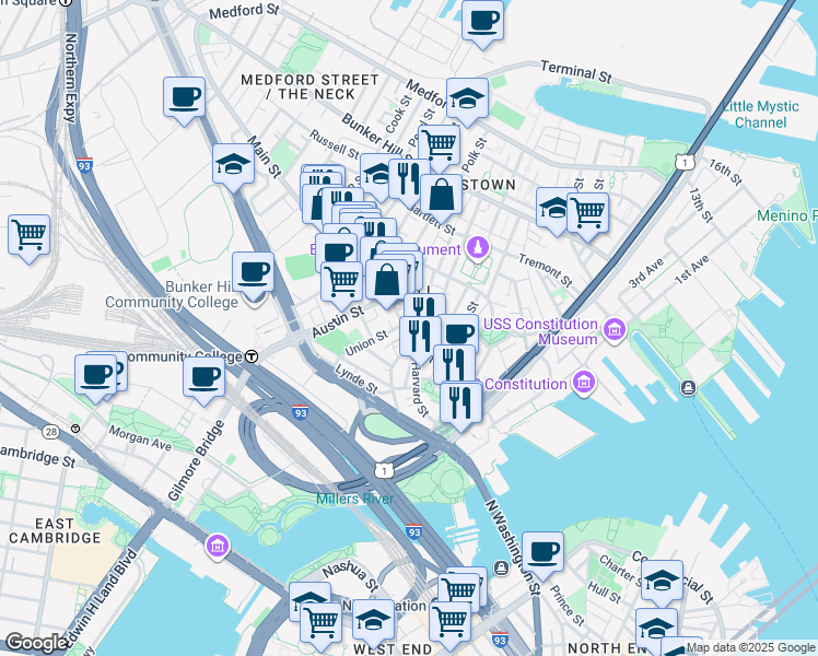 map of restaurants, bars, coffee shops, grocery stores, and more near 123 Main Street in Boston