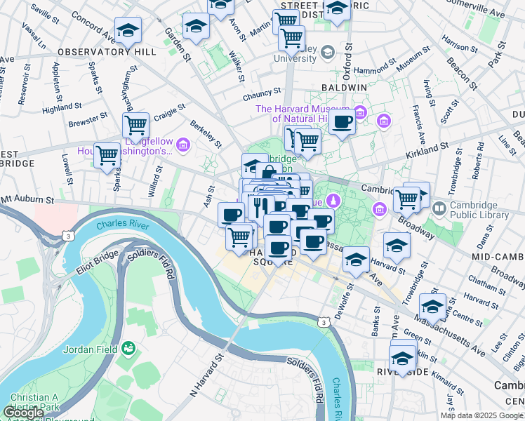 map of restaurants, bars, coffee shops, grocery stores, and more near 51 Brattle Street in Cambridge