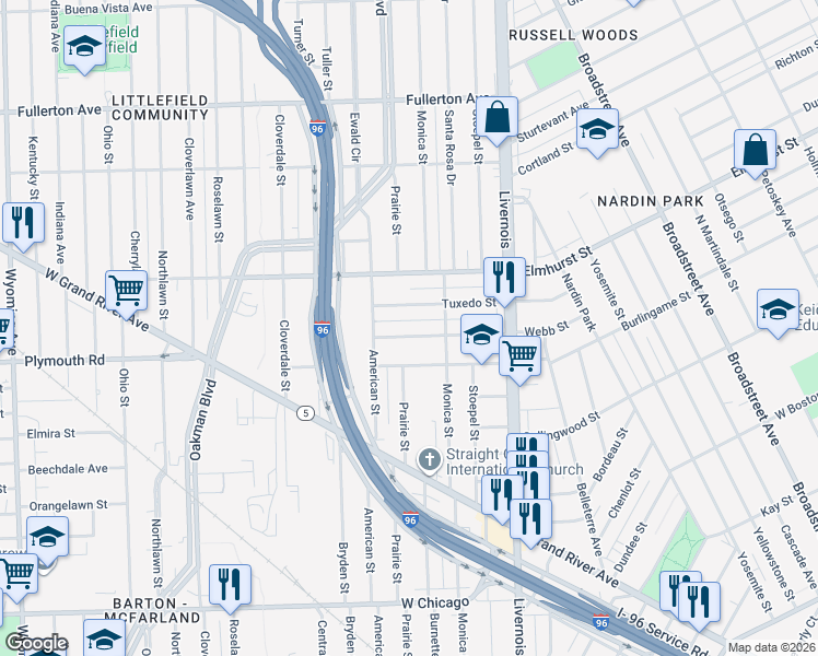map of restaurants, bars, coffee shops, grocery stores, and more near 7191 Tuxedo Street in Detroit