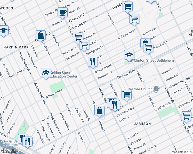 map of restaurants, bars, coffee shops, grocery stores, and more near 3353 West Boston Boulevard in Detroit