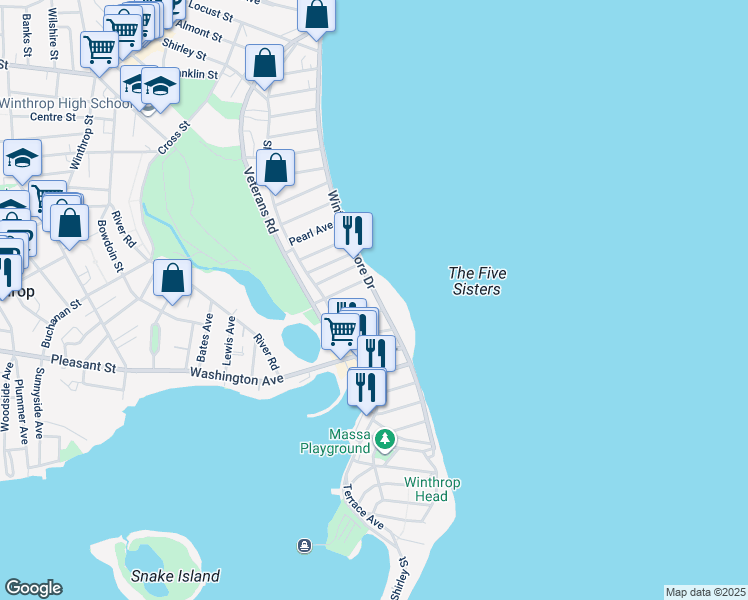 map of restaurants, bars, coffee shops, grocery stores, and more near 53 Cutler Street in Winthrop