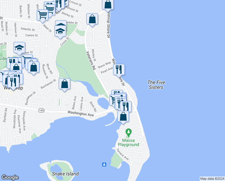 map of restaurants, bars, coffee shops, grocery stores, and more near 386 Shirley Street in Winthrop