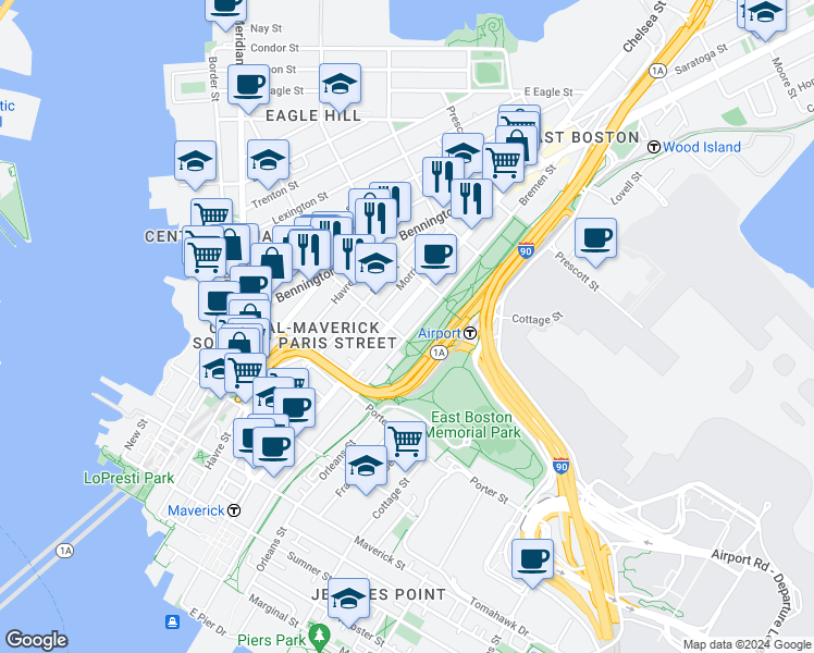 map of restaurants, bars, coffee shops, grocery stores, and more near 217 Chelsea Street in Boston
