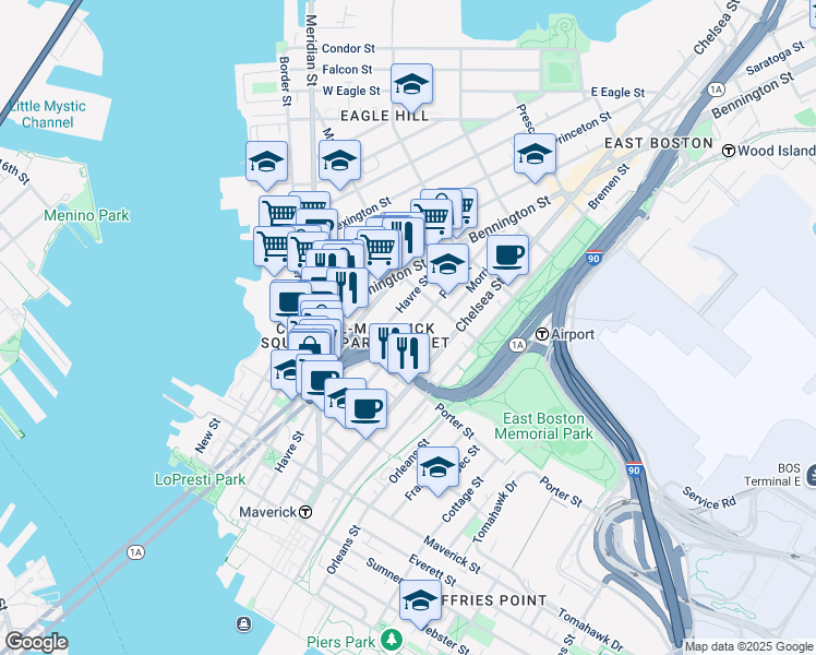 map of restaurants, bars, coffee shops, grocery stores, and more near 227 Havre Street in Boston