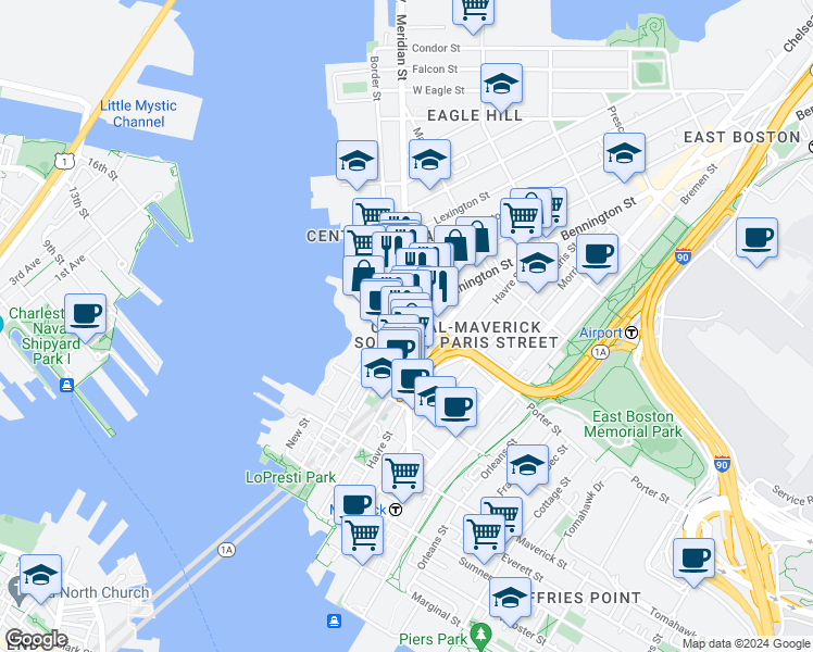 map of restaurants, bars, coffee shops, grocery stores, and more near 15 Meridian Street in Boston